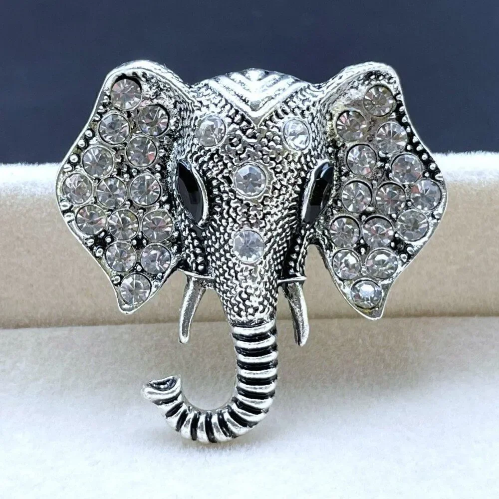 Silver with White Diamond and Black Onyx Crystal Elephant Pin Back Brooch